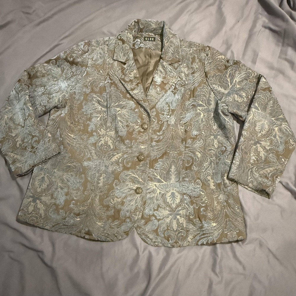 ELCC Blazer Womens XL Brown Floral Jacquard Three Button Notch Lapel Lined